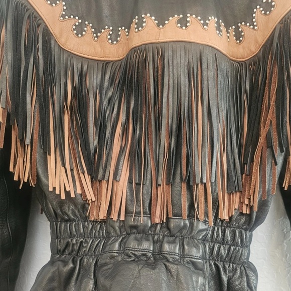 Vintage 90’s Western World Studded Black Leather Fringe Jacket Women's XXL Moto - Picture 6 of 7